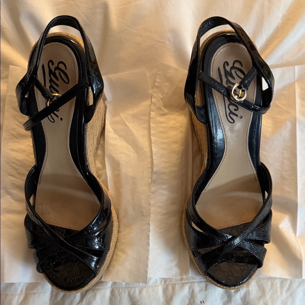Gucci Black Patent Leather Espadrille Wedge Sandals with Ankle Strap